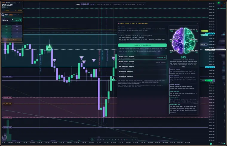 The Brain Engine panel open over a live ORBIT chart showing the training corpus, hardware picker and a glowing brain graphic with six skill percentages.