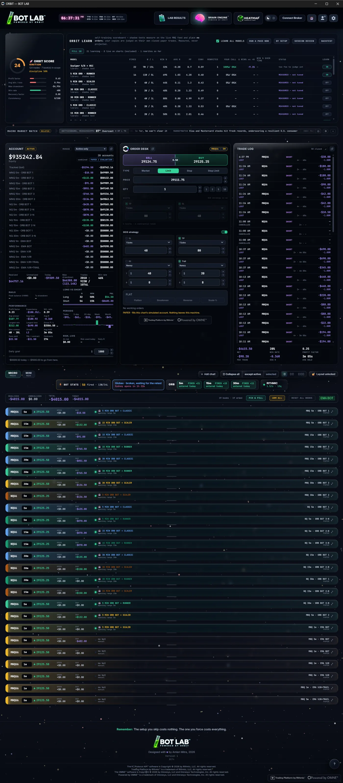 The complete BOT LAB window showing the ORBIT LEARN scoreboard, account panel, order desk, trade log and the full wall of bot rows.