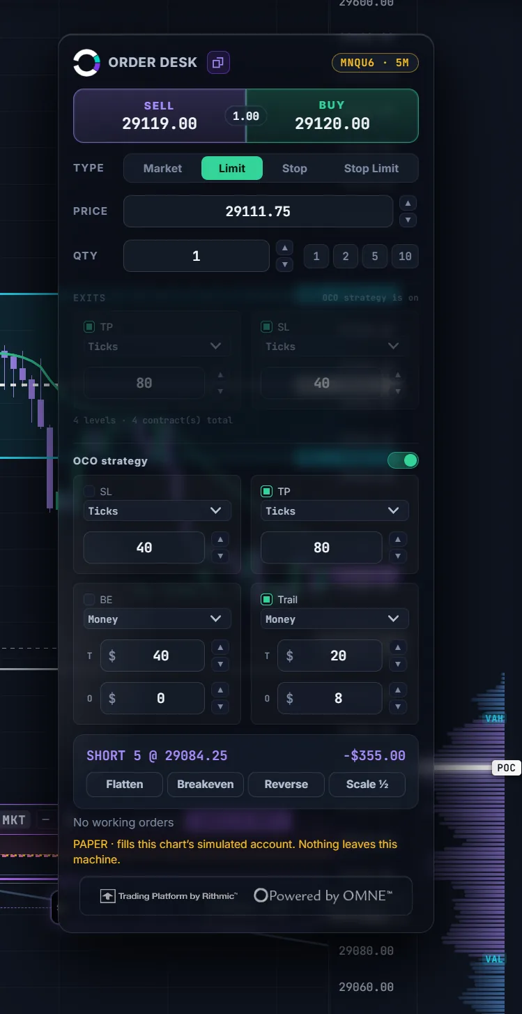 ORBIT's ORDER DESK rendered as a translucent glass panel over a live chart, with the market visible behind it and the volume profile showing through at the right edge.