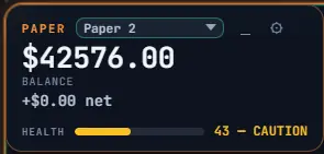 The account panel collapsed to balance, net change and a health bar.