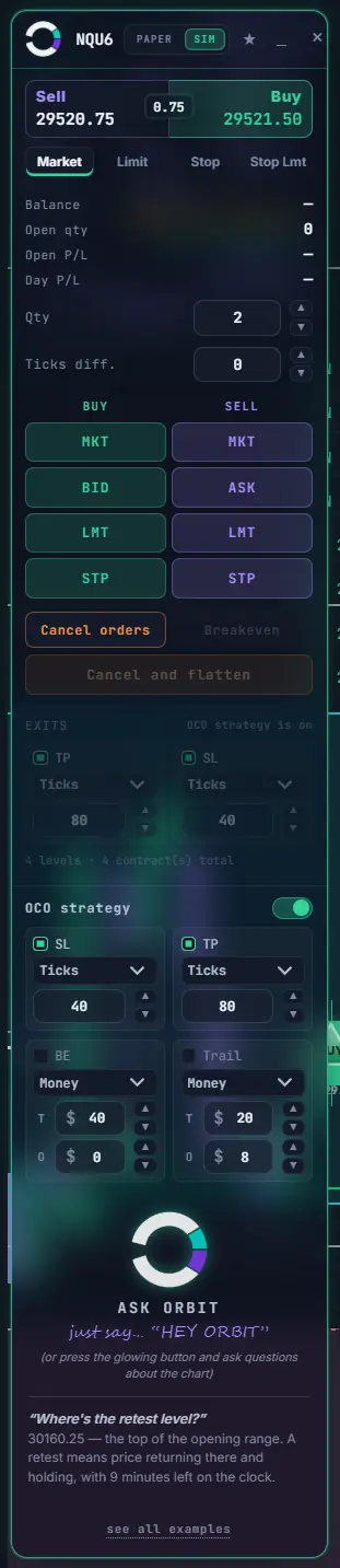 The fully expanded order ticket with OCO brackets, breakeven, trailing and Ask ORBIT docked at the bottom.