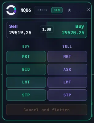 The order ticket collapsed to buy and sell market, bid, ask, limit and stop buttons plus cancel and flatten.